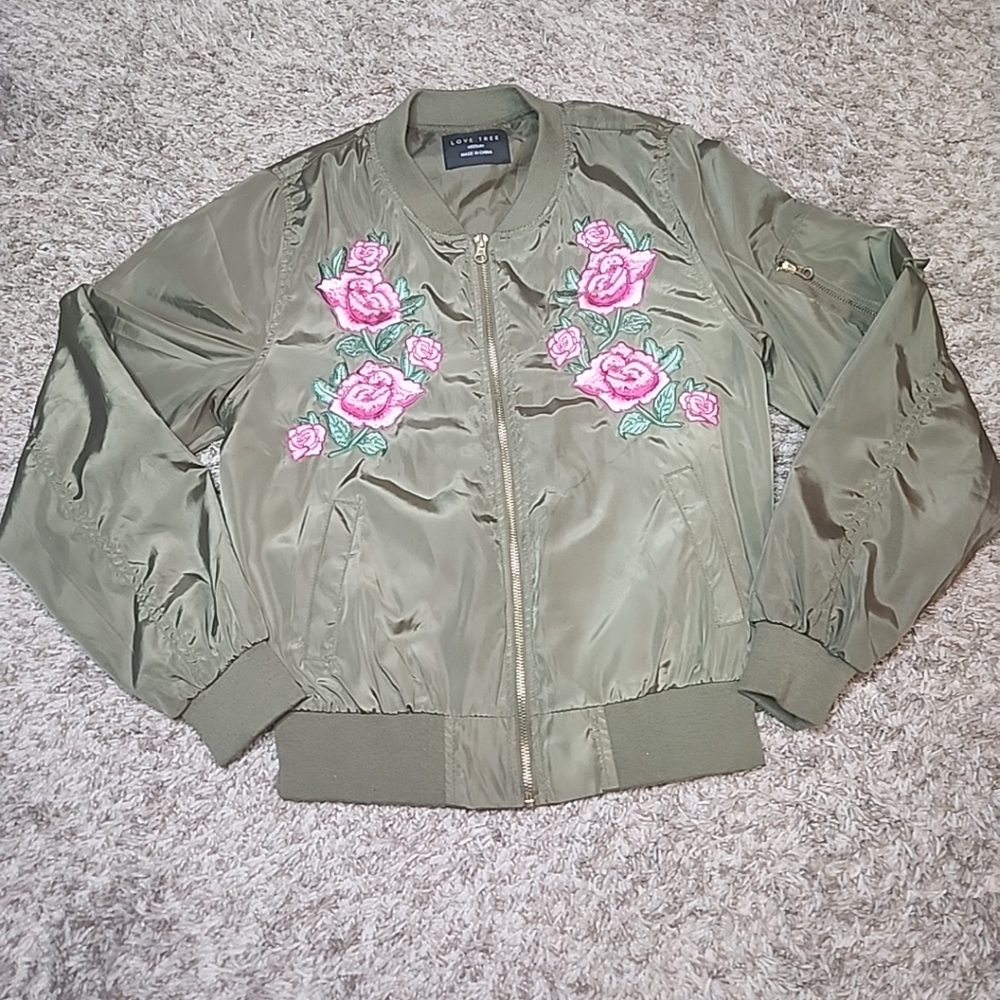 Love Tree Olive Green Floral Embroidered Bomber Jacket. Size Medium - Picture 5 of 12